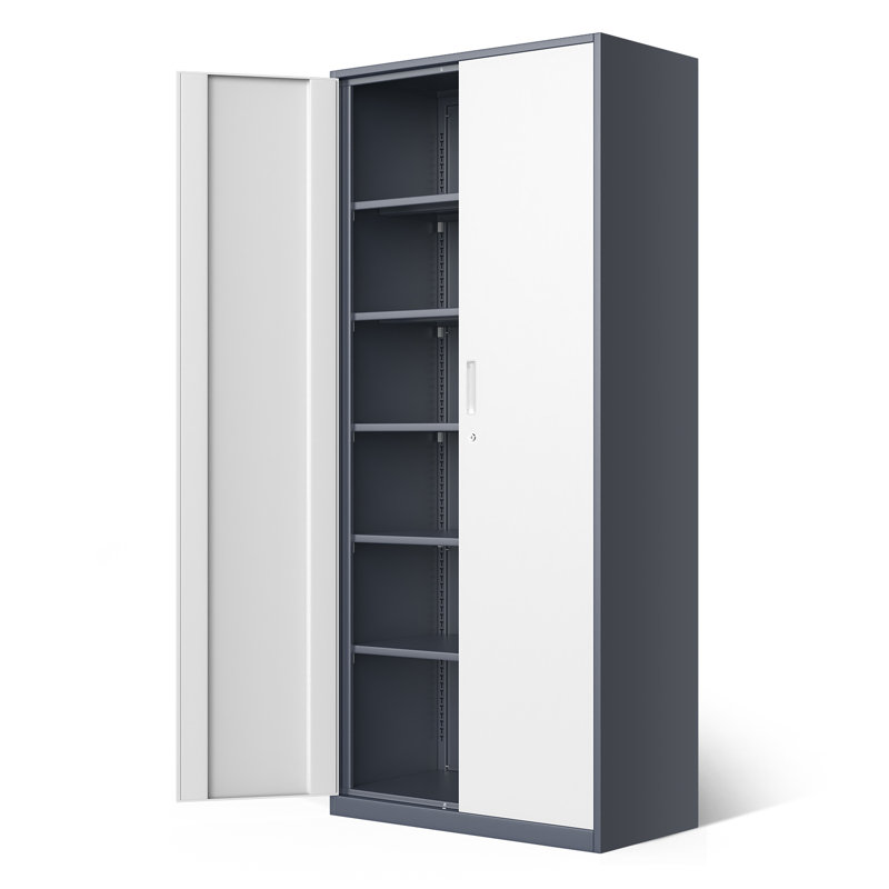 71" Lockable Heavy Duty Metal Storage Cabinet W/ 5 Adjustable Shelves, Gray/White