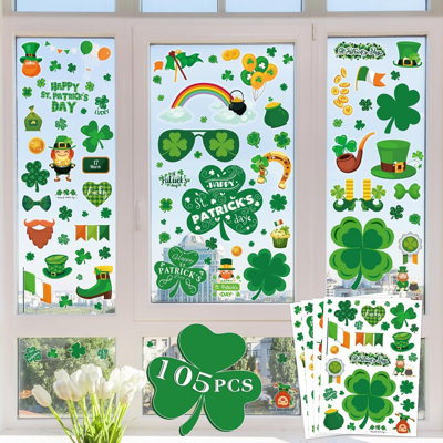 Décorations de la Saint-Patrick - 105 pièces de fenêtre de la Saint-Patrick - Autocollants de trèfle pour décorations de trèfle statiques réutilisables en verre | Décoration de la Saint-Patrick