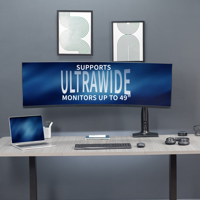 Black Aluminum Ultrawide Monitor Desk Mount with USB Ports