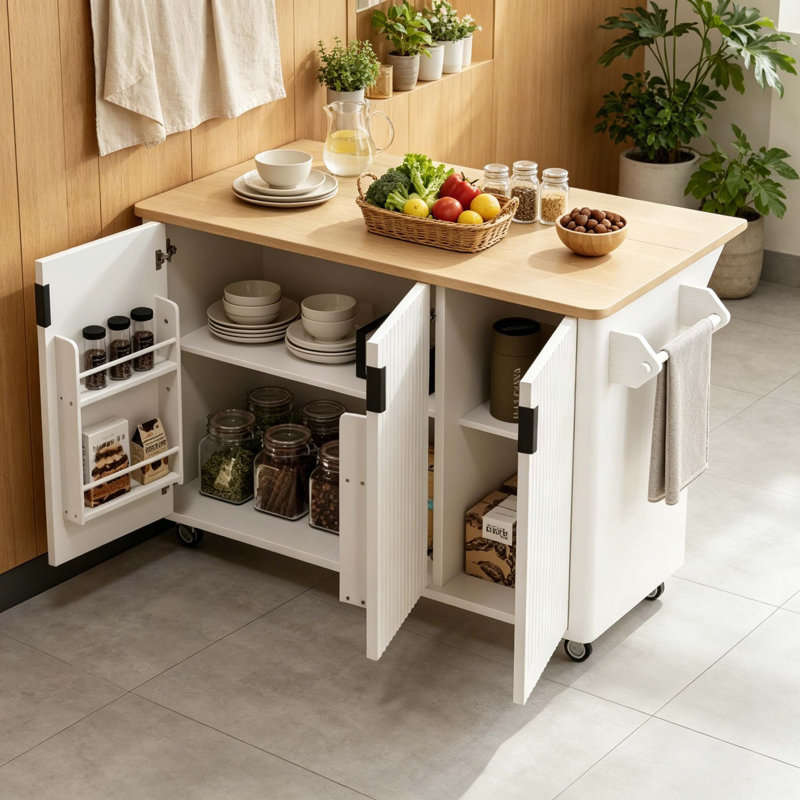 Fluted Cabinet Rolling Kitchen Island with Drop Leaf Top, Adjustable Interior Shelves & Convertible Feet Design, White