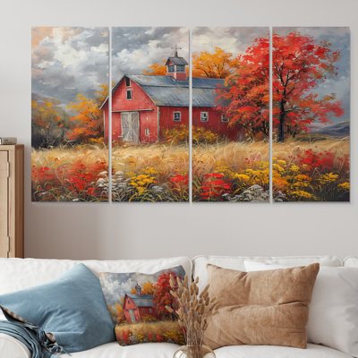 Ensemble de salon art mural d'automne avec grange rouge d'automne