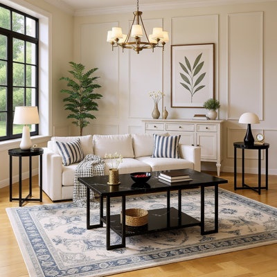 Coffee Table Set Of 3, 2-Tier Rectangule Coffee Table With 2 Round End Side Tables, 3 Pieces Modern Living Room Table Set With Metal Frame For Apartme by Wrought Studio