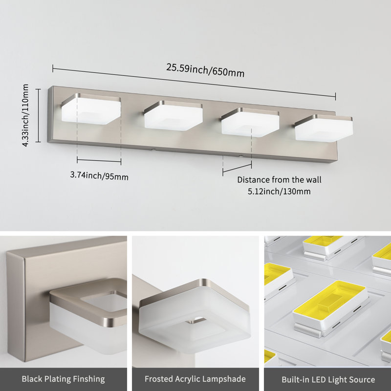 Luminaire de salle de bain à DEL Rahmone, haute transmittance et intensité variable avec tête rotative à 270 °, Nickel