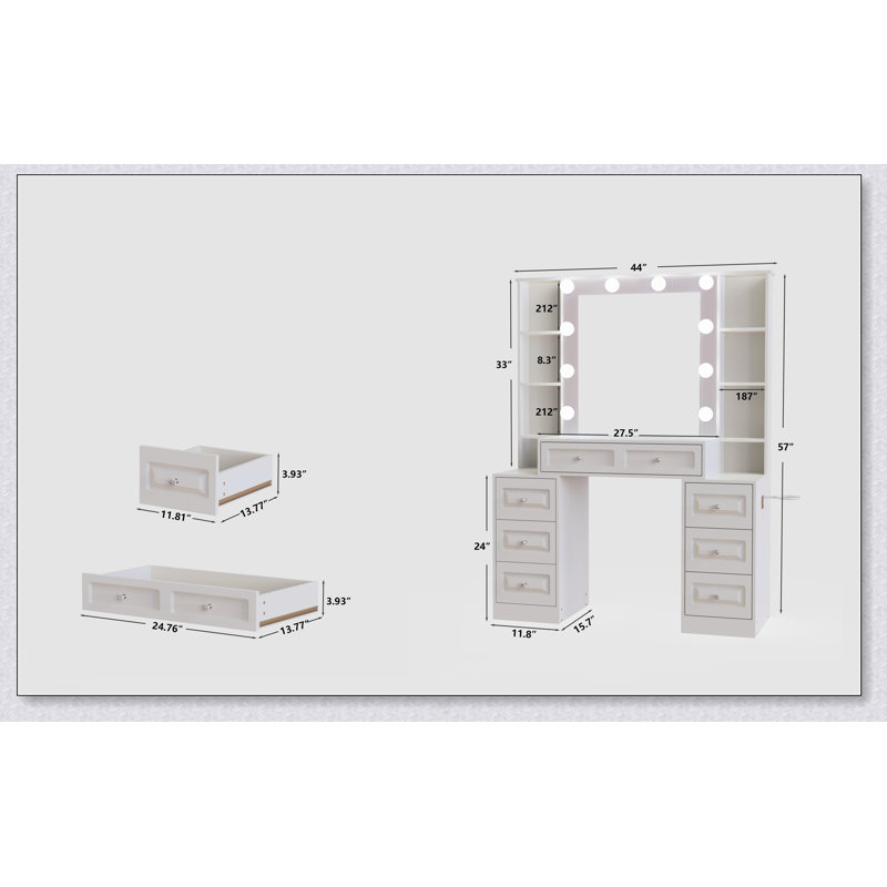 Modern Vanity Desk With Lighted Mirror And Charging Station, Spacious Storage For Makeup And Accessories