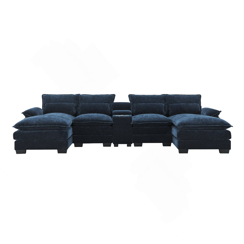 Canapé en U 123 * 55 "moderne avec console, porte-gobelets, Chenille bleu