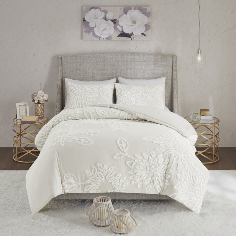 Ensembles de literie en coton, chenille capitonnée, édredon blanc cassé et taies décoratives double / grand