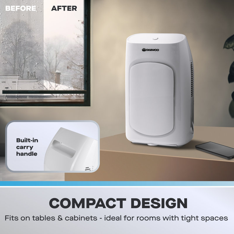 Daewoo 2L Compact Portable Dehumidifier for Damp, Mould and Condensation with 750ml Daily Extraction, White
