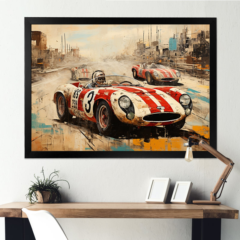 «Red Car 1950s Race Car Tracks II», art mural rouge, Cadre d'angle fermé noir, H 16 po x l 32 po x P 1 po