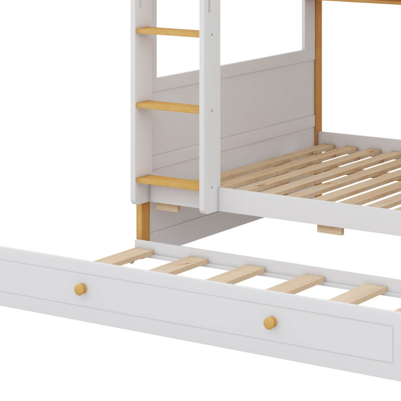 Lit superposé en forme de maison avec lit gigogne et tablettes de rangement, cadre de lit superposé en bois avec barrières et échelle de type maison