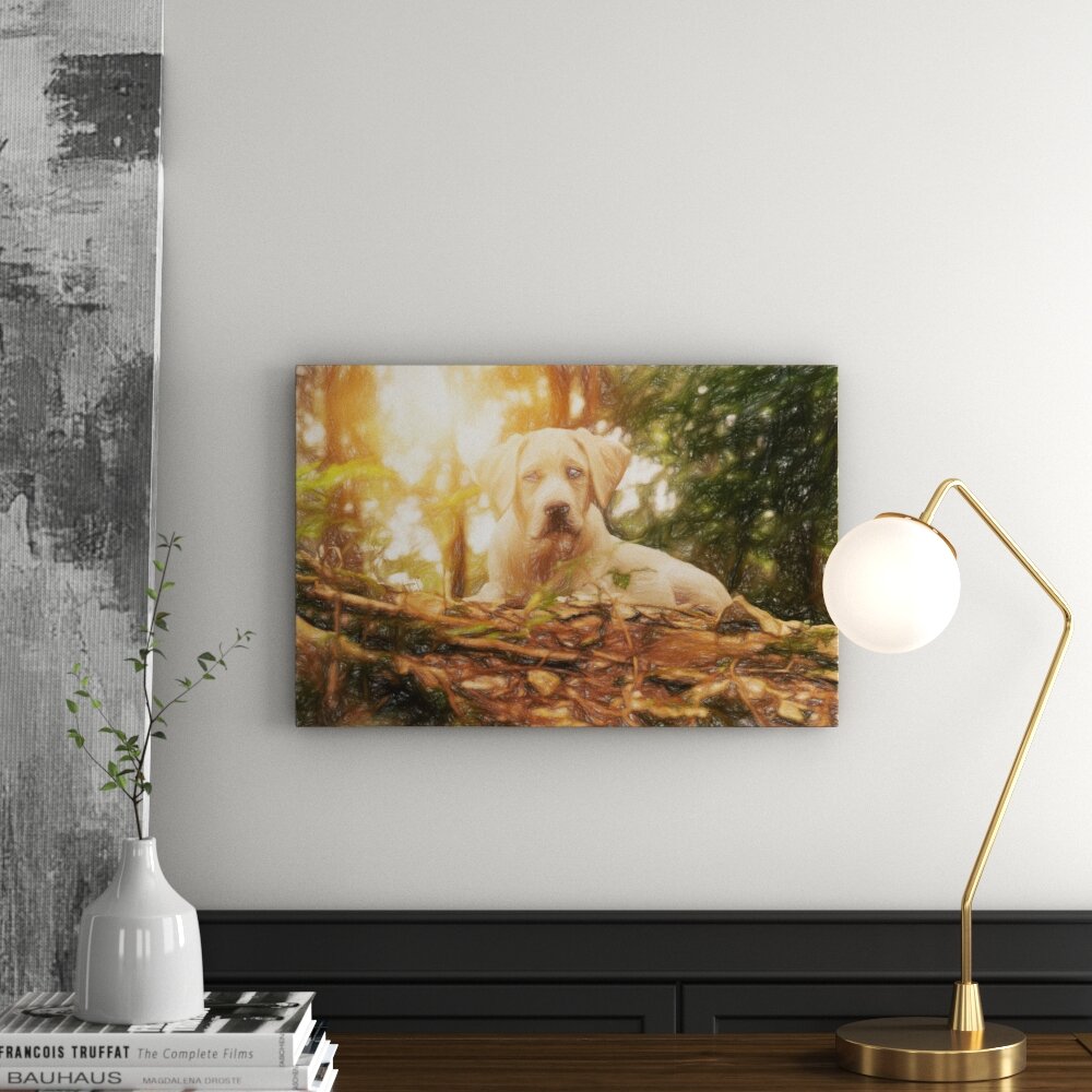 Leinwandbild â€žHund im Wald bei Sonnenuntergangâ€œ, Grafikdruck