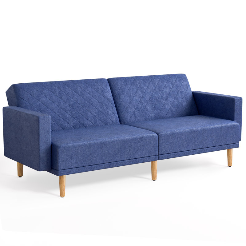 Canapé-lit futon convertible Mid-Century, Coton / lin bleu