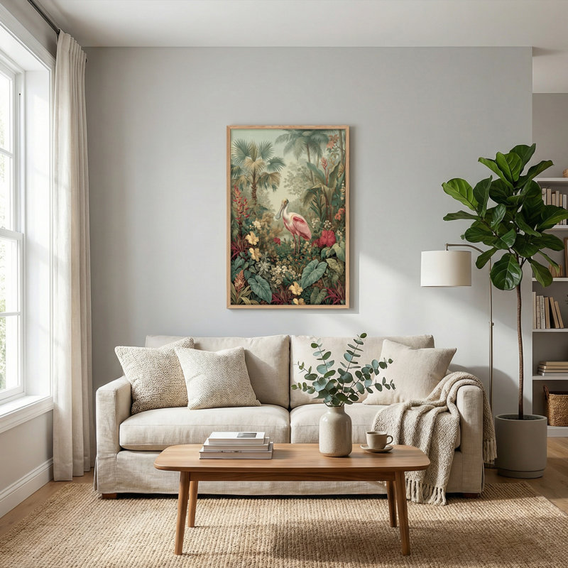Ensemble de 1 tableau sur toile représentant des oiseaux tropicaux, H 40 po x l 28 po, Naturel