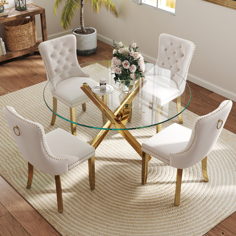 Ensemble de table de salle à manger 5 pièces, H 29,5 po x L 47 po x l 47 po, Beige/Or, Or