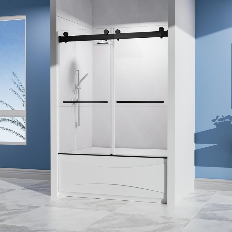56-60"W X 60"H Frameless Double Sliding Tub Shower Door | 5/16" High Strength Tempered Clear Glass, 304 Stainless Steel (Matte Black) | Quiet Soft-Close, Anti-Water, Easy Installation