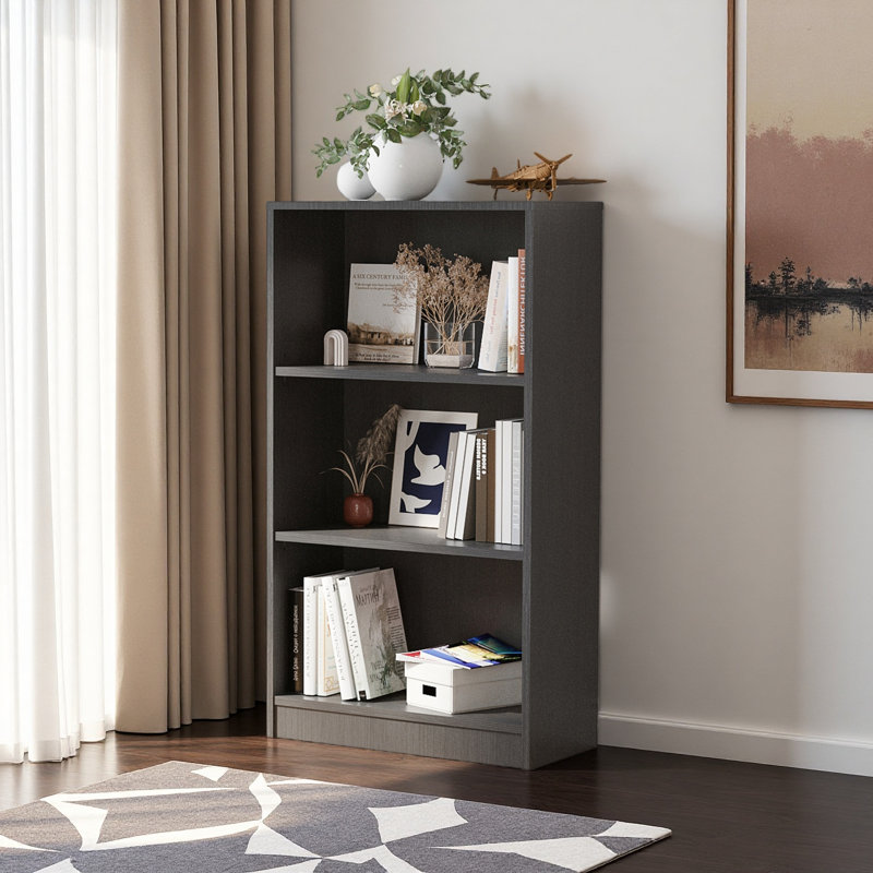 Bookcase Freestanding 3 Shelf Wood Bookshelf Adjustable Shelves For Home Office, Grey