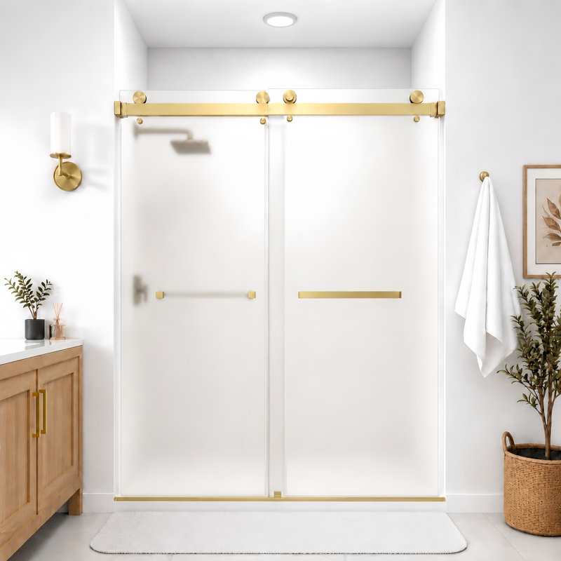 Porte de douche coulissante double sans cadre Catalyst 62"-67" L x 76" H, finition or brossé, verre dépoli de 3/8" (10 mm).