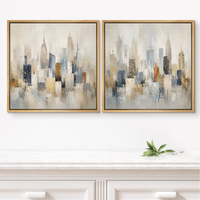 Paysage urbain doux et neutre avec des bâtiments en or gris et un ensemble de 2 reproductions d'art sur toile encadrées de style chambre à coucher moderne