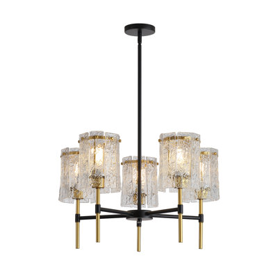 Modern 5-Light Black and Gold Chandelier with Textured Glass Pendants, Industrial Ceiling Light Fixture for Living Room