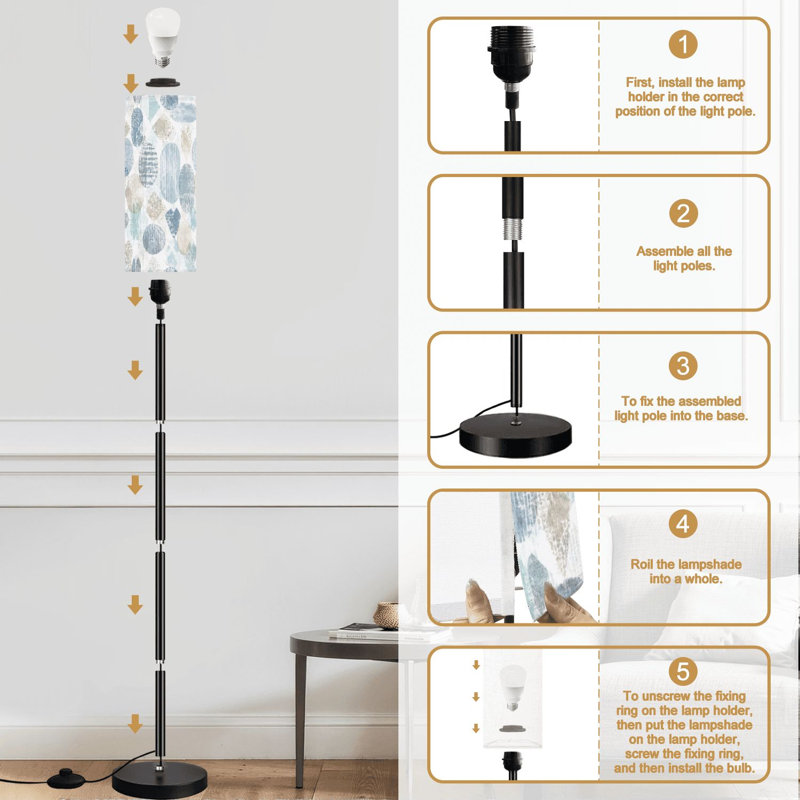 Lampe sur pied à géométrie répétitive moderne géométrique grunge bleu beige blanc à intensité variable moderne avec télécommande et pédale abat-jour abat-jour grand poteau d'angle pour le salon, la chambre et le bureau