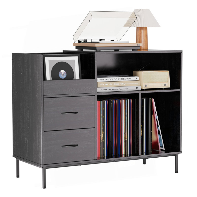 Record Player Stand With Power Outlet & Flip-Down Lid, Turntable Table With Storage For 300+ Vinyls, Black Wood Grain Media Console With 2 Drawers, 27.6" With Dust Protection, Some Assembly Required,