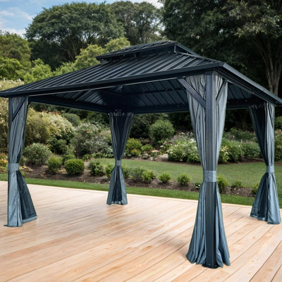 Galvanized Steel Double Roof Gazebo 10'x10'/10'x12'/12'x12'- Sturdy Aluminum Frame with Netting & Curtains for Lawn, Patio, Backyard