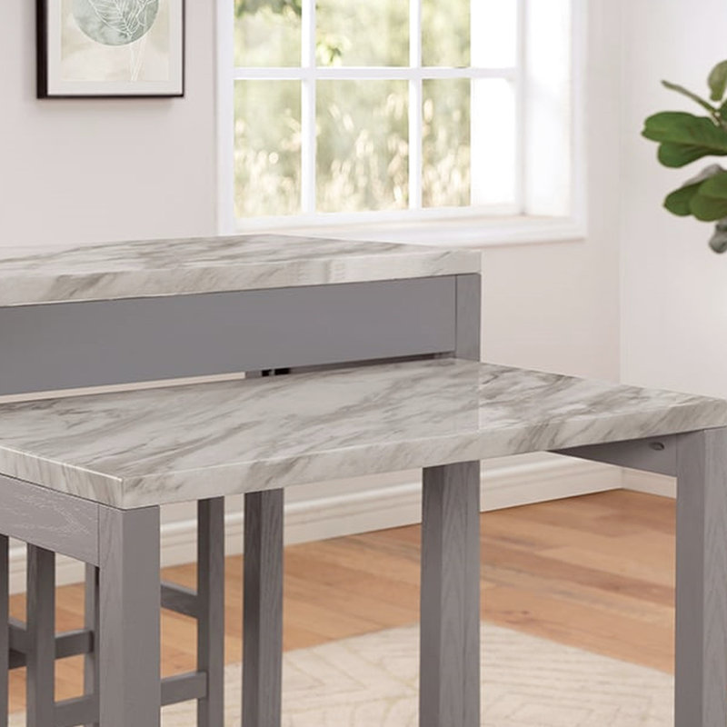 Table rectangulaire à hauteur de comptoir en faux marbre avec tabourets, tiroir, plateau en bois massif gris, 2 rallonges coulissantes, beige