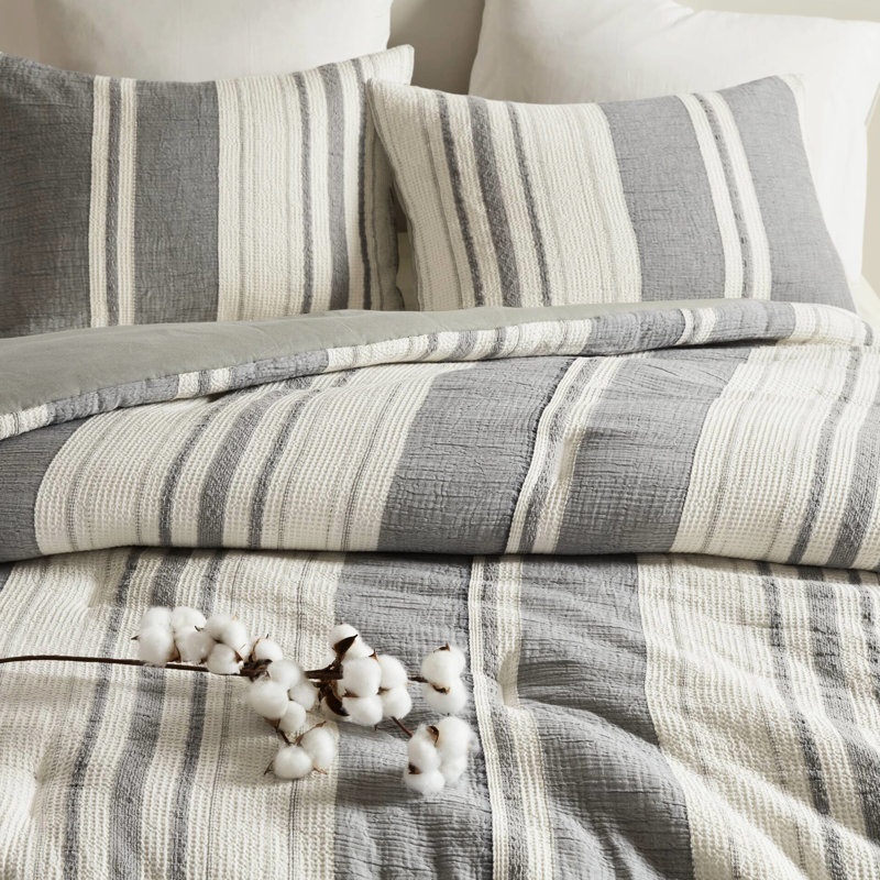 Édredon pour lit double / grand 3 pièces - literie de couleur terre, côtés en coton naturel, confort constant, lavage à la machine à froid, aspect rayé à froid, 100% coton, surdimensionné pour la norme