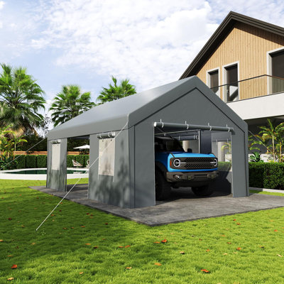 Abri d'auto robuste en acier galvanisé 13 x 20 pi - Bâche imperméable toutes saisons, 4 portes à enroulement et fenêtres en filet - Abri de garage extérieur entièrement fermé pour voiture, camion, VUS, bateau - Gris
