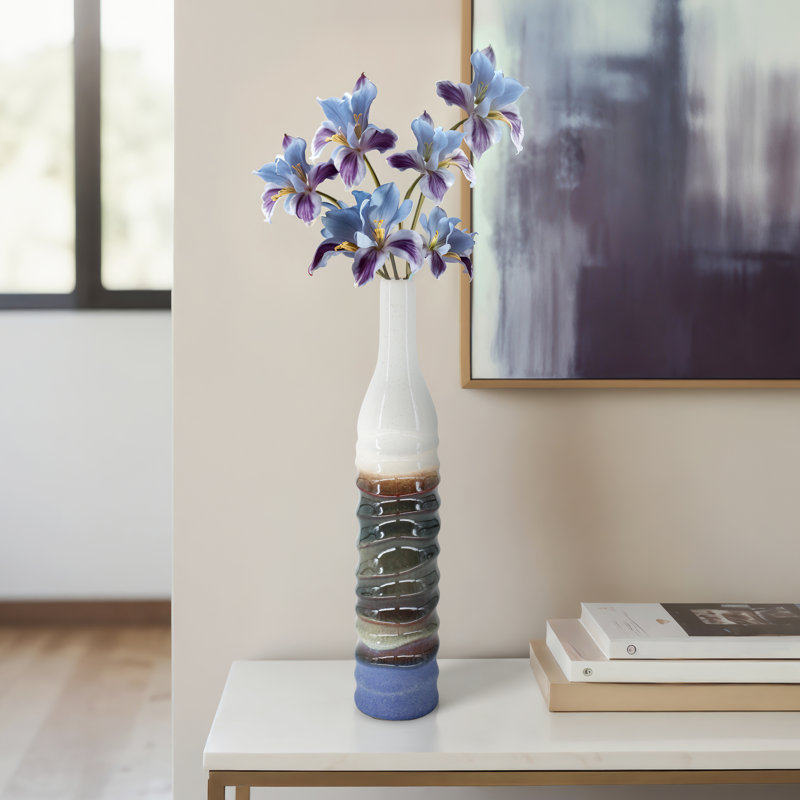 Modern Sculptural Stoneware Vase with Elongated Textured Form and Contemporary Rippled Design for Decorative Display