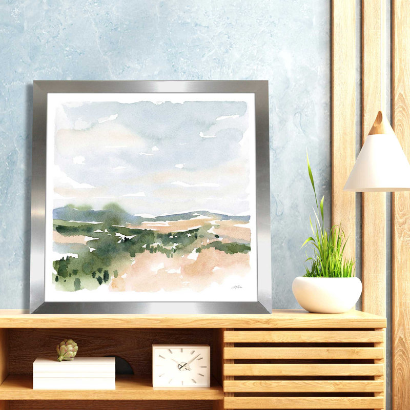 Paysage doux II - peinture, Encadrement argenté, L 31 po x H 31 po