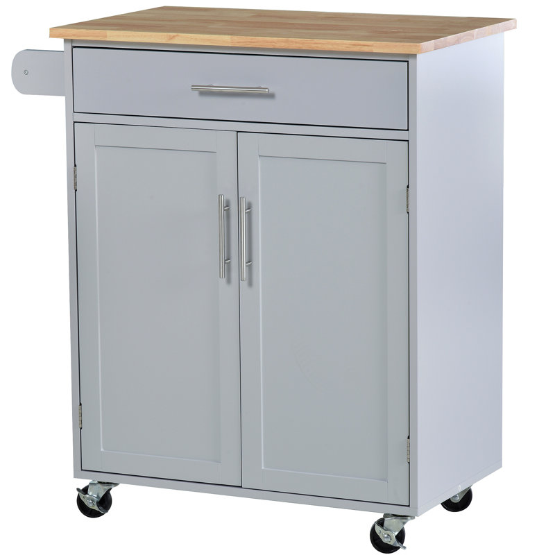 Îlot de cuisine avec chariot, tiroir, armoire de rangement et porte-serviettes, Gris