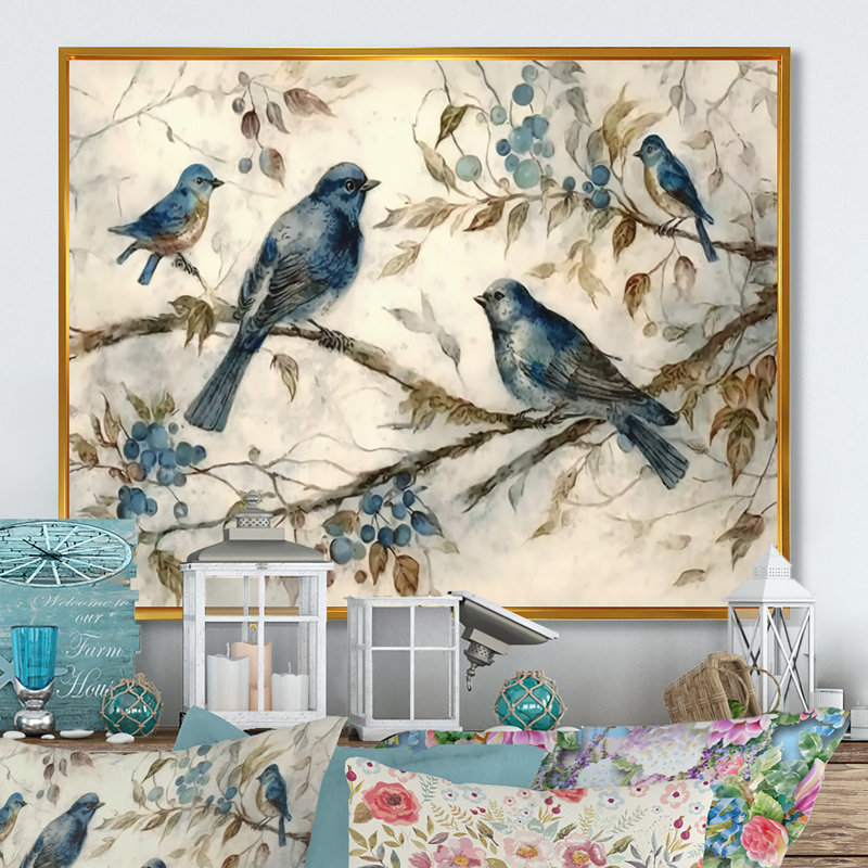 Quatre oiseaux bleus rétro sur une branche IV - Art mural oiseau, Cadre flottant doré, 30" H x 40" W