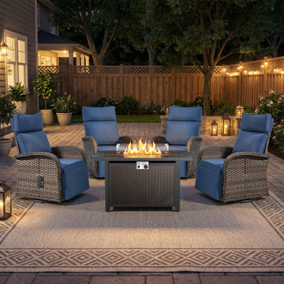 Outdoor Wicker Patio Furniture Set with Propane Fire Pit Table, Reclining Swivel Rocker Chairs with Adjustable Backrest & Footrest