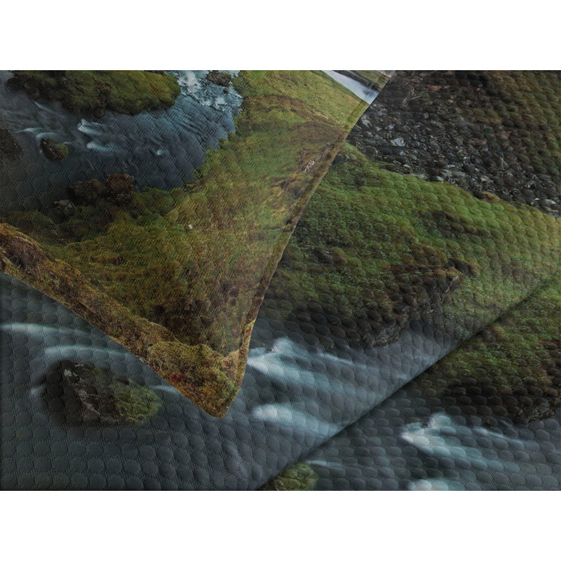 Ambesonne Nature Bedspread Set Cascade Stream Wildlife Multicolor, King Coverlet / Bedspread + 2 Standard Shams