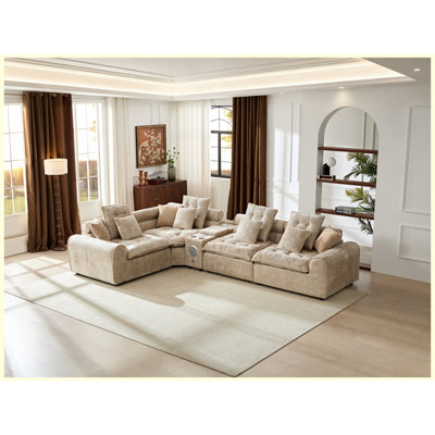Modular Sectional Sofa with Throw Pillows Camel