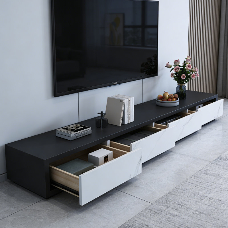 Meuble télé 4 tiroirs Minimalisme, White/Black/Light Grey, 15.74"H x 94.48"L x 15.74"W
