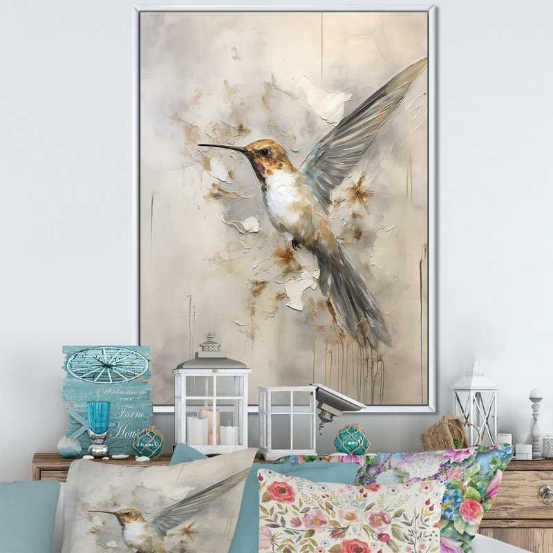 Colibri floral flottant II - Art mural colibri, H 44 po x l 34 po x P 1,5 po, Cadre flottant blanc