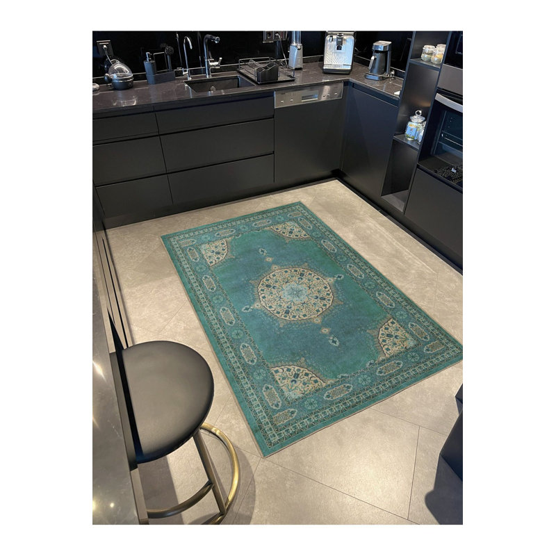 Tapis traditionnel lavable turquoise à base tissée, Sous-tapis carré 3 pi 3 po inclus