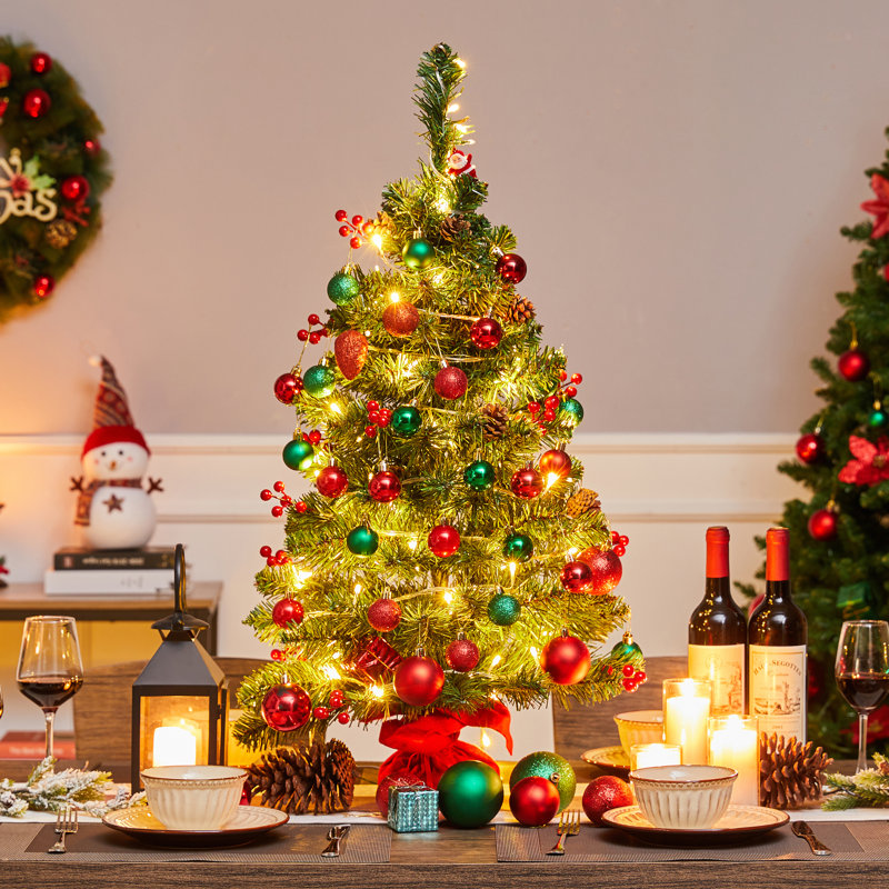 Arbre de Noël de table portable avec base en béton vert, 3', Illuminée