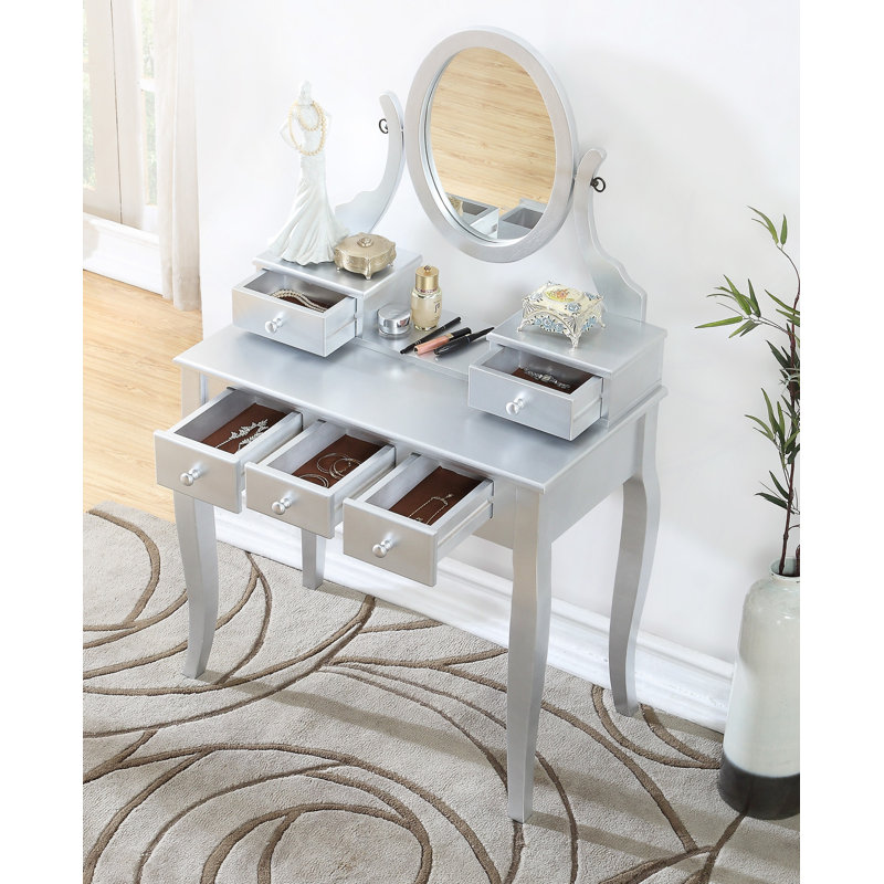 Ensemble de coiffeuse et tabouret en bois Ashley, Argent argent