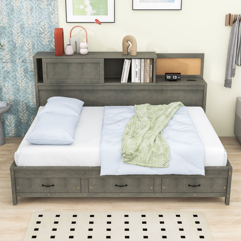 Wooden Daybed with Integrated USB Ports and Storage Drawers, Full/Double, Gray