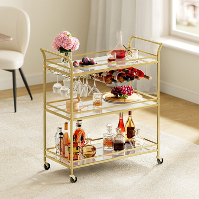 Chariot-bar doré, grand chariot de service de bar avec tablette à miroir à 3 niveaux, porte-bouteilles, porte-verres, pour grands espaces, cuisine, 15 x 33,9 x 35,4 pouces
