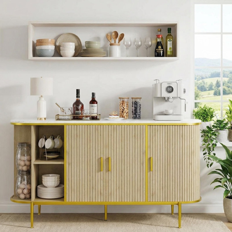 Buffet 50 po moderne avec rangement, console de bar Mid-Century cannelée avec plateau en faux marbre, portes coulissantes à profil courbé pour la cuisine, le salon et le vestibule