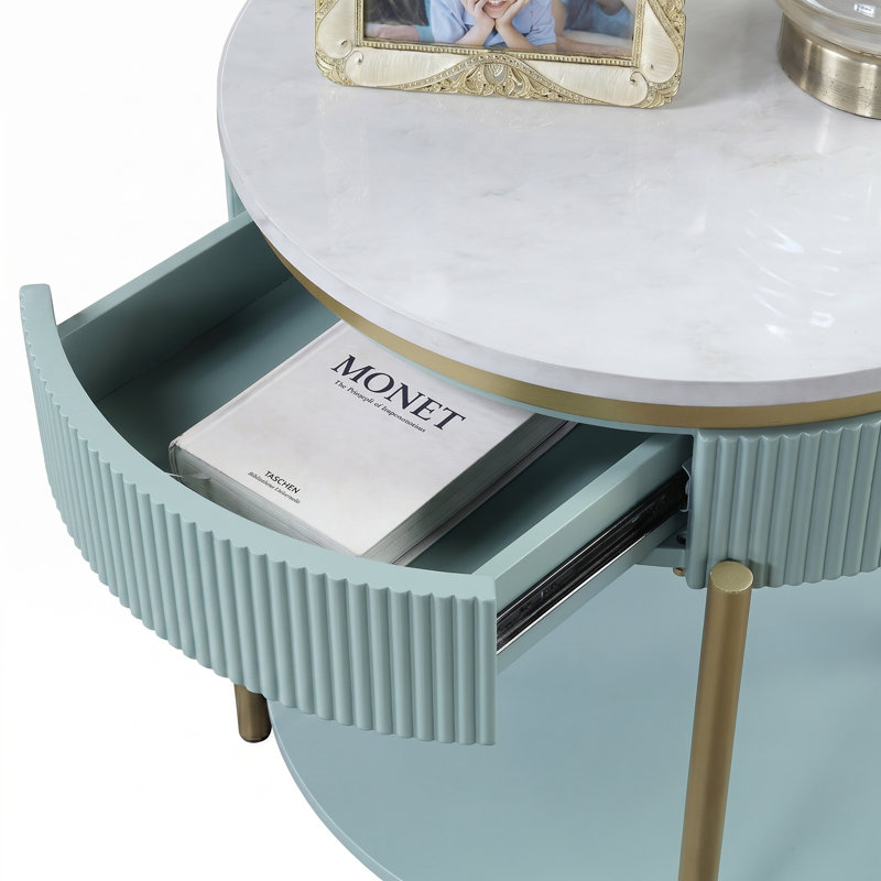 Table de bout avec rangement Bembry, Bleu sarcelle clair / doré