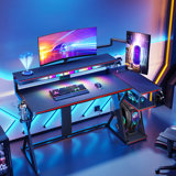 57inch Gaming Desk with Music Sync Light, L-Shaped Home Office Desk with Power Outlet & Monitor Stand ,Shelves, Cup Holders, and Hooks