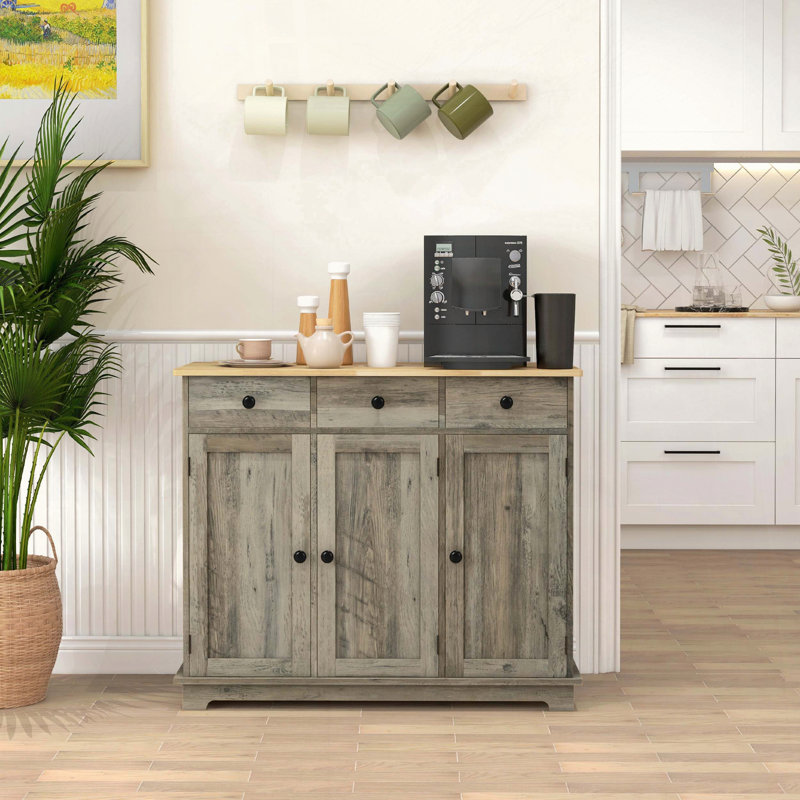 Distressed Gray Sideboard with Wood Top, Gray