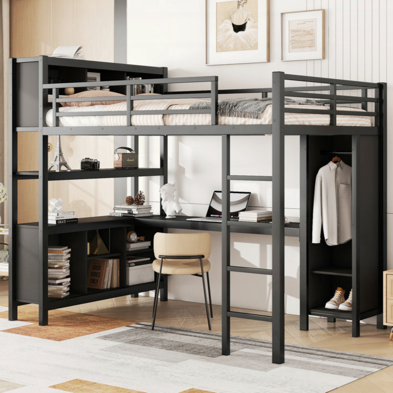 Metal Loft Bed with Wardrobe And L-shaped Desk, Loft Bed with Storage Cubes and Shelves, Heavy Duty Loft Bed for Kids Teens Adults