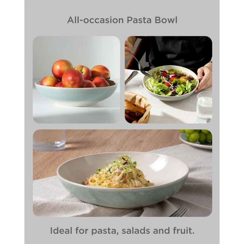 Aqua Ceramic 8.7'' Microwave Safe Pasta Bowls Set of 4