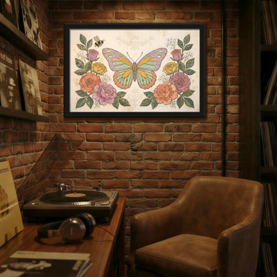 Animaux, papillon, roses, abeille, impression florale