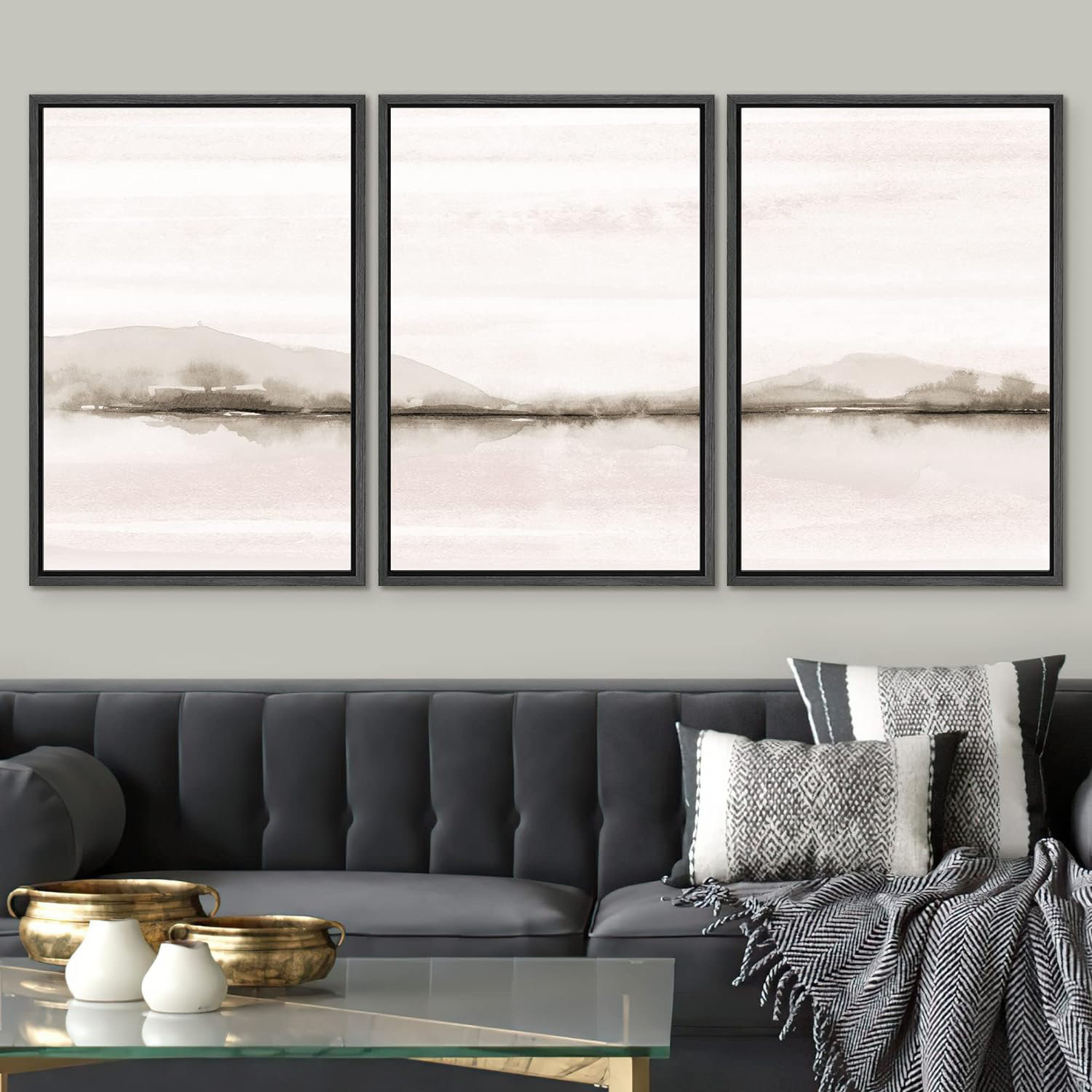 IDEA4WALL Framed Canvas Print Wall Art Set Pastel Sunset Mountain